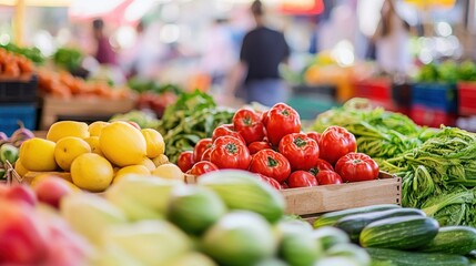 Vibrant farmers market scene with fresh produce and shoppers browsing