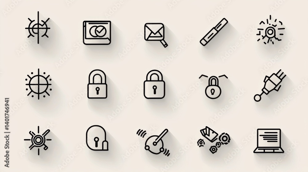 Poster a collection of line style security related icons for use in web user interfaces covering various as