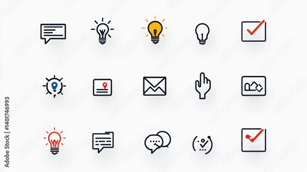 Poster a collection of stylized icons representing various aspects of management processes in a web based i