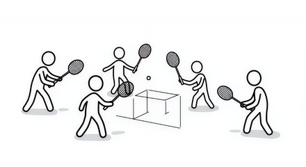 Stick Figures Playing Badminton: Black Line Drawing on White