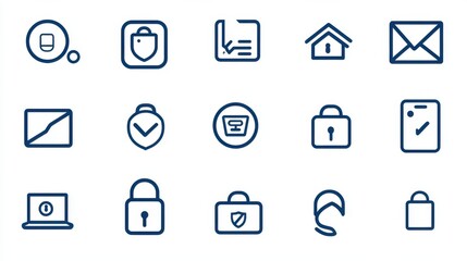 A set of 15 line style security and privacy icons for web and user interface design featuring elements such as locks passwords data protection and online security