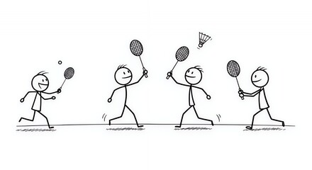 Fototapeta premium Stick Figures Playing Badminton on White Background