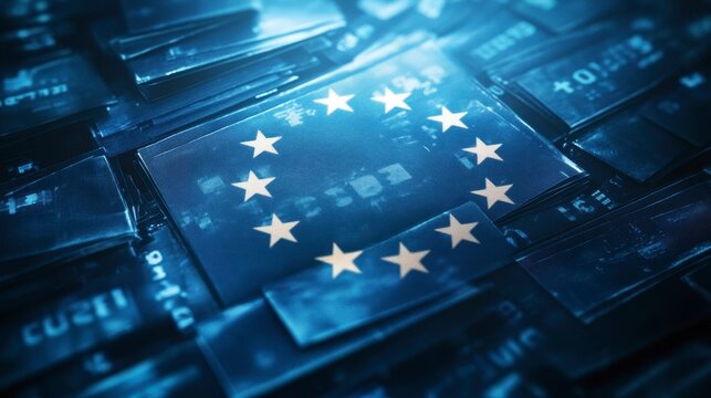 European Union Flag on Digital Data Matrix Background