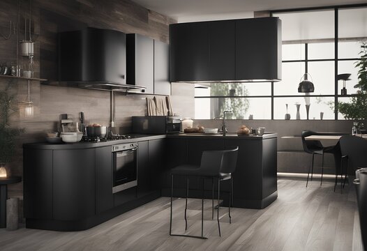 sink black illustration 3d furniture interior dishes up render mock decor kitchen countertop house country home luxury clean dish canvas floor empty living apartment flat background light blank