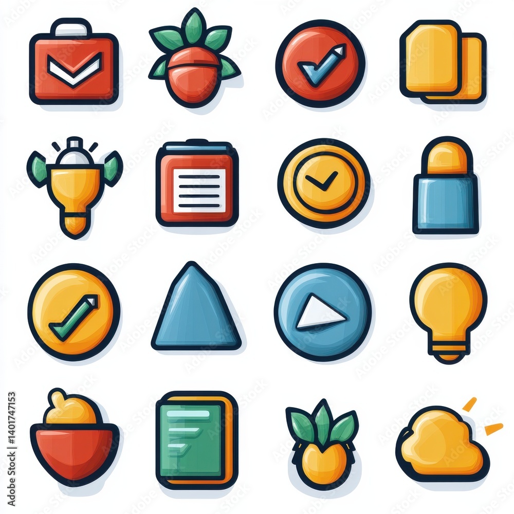 Poster a collection of colorful and stylized icons representing various business and productivity related c