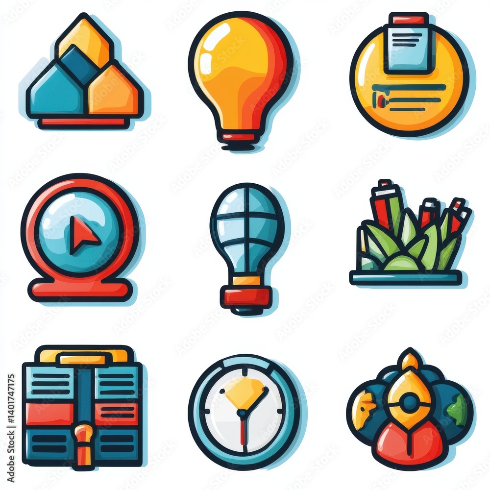 Poster a collection of colorful stylized icons representing various tools resources and concepts associated