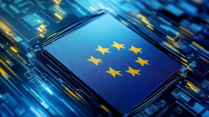 European Union Flag on Futuristic Circuit Board Digital Europe Concept