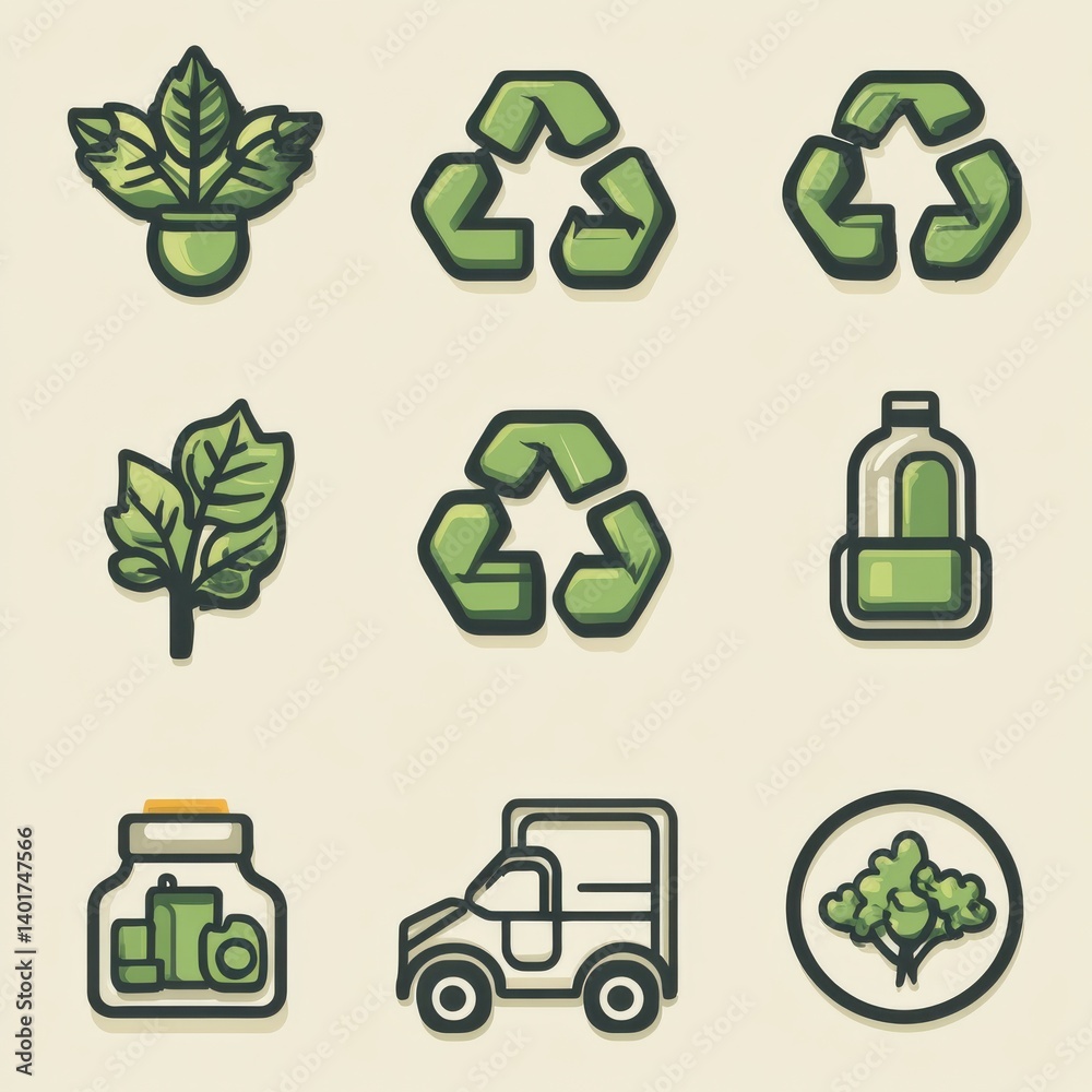 Poster a set of stylized icons representing various concepts related to eco friendly practices recycling an