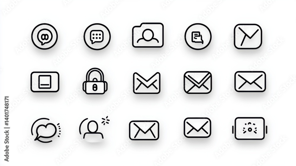 Poster a set of stylized outline icons representing various communication and technology related elements s