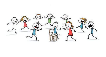 Stick Figures Playing Musical Chairs: Colorful Line Art Illustration