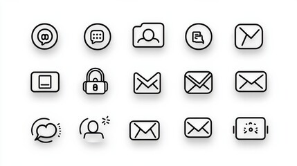 A set of stylized outline icons representing various communication and technology related elements suitable for customer facing user interfaces and digital platforms