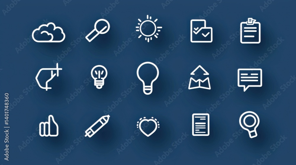 Poster a set of minimalist modern outline icons representing various business technology and professional c