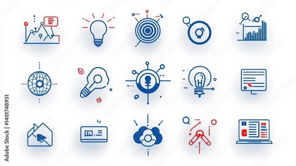 Poster a set of carefully designed line icons that represent various elements of data analysis business int