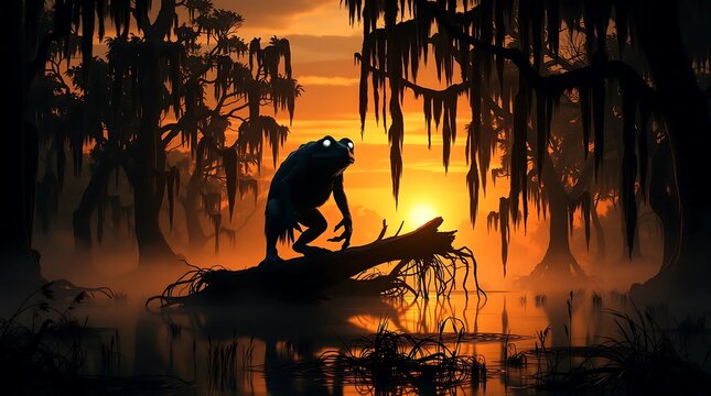 Illustration of silhouette humanoid frog with large eyes crouching on a log in swamp forest at sunset