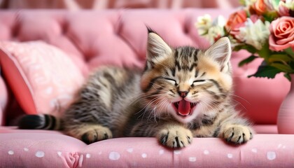 Cute Tabby Kitten Caught Mid-Yawn on a Cozy Pink Sofa with Colorful Touches