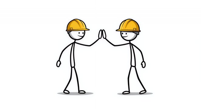 Two Stick Figures in Yellow Helmets High-Fiving on White Background