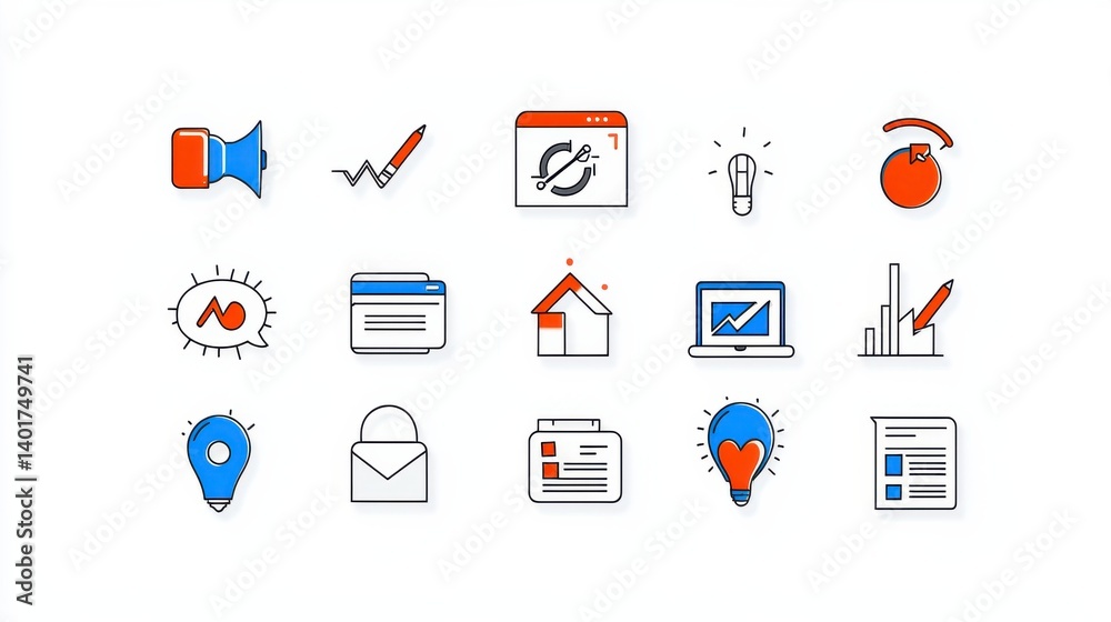 Poster this image showcases a set of 15 minimalist line icons that symbolize a range of digital business an