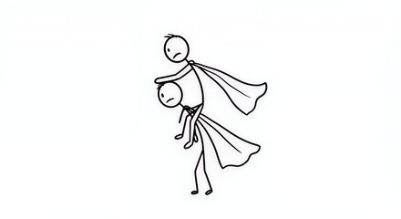 Obraz premium Two Stick Figures with Capes Piggyback Ride on White Background