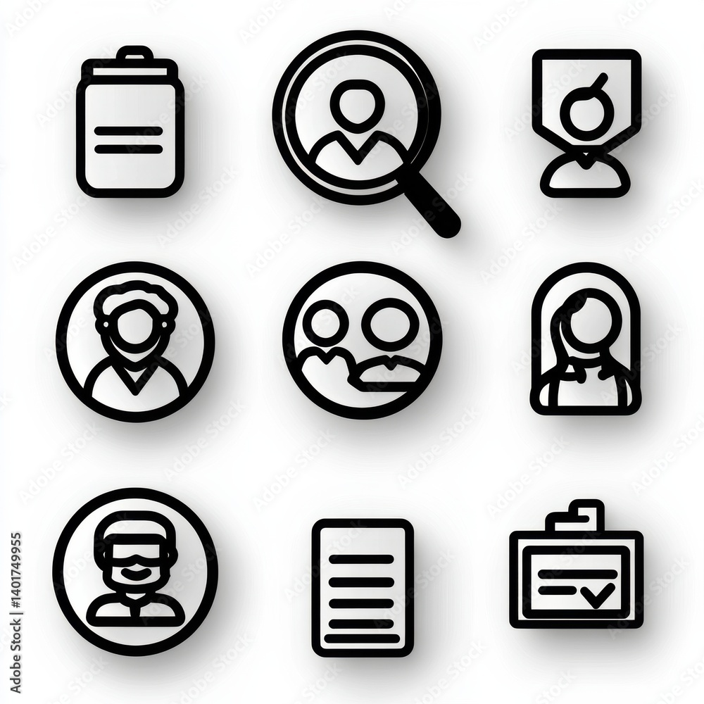 Poster this image displays a set of 15 simple black and white outline icons symbolizing different digital t