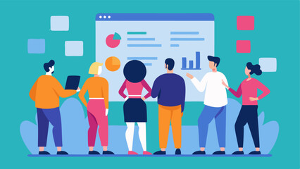 Obraz premium Data Collaboration A group of diverse people gathered around a large screen collaboratively discussing the visualizations of complex datasets embodying teamwork in big data