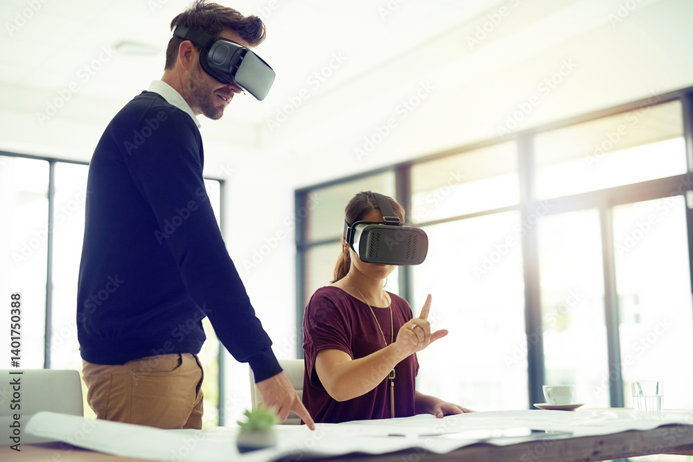 Poster man, woman and vr in office with collaboration, click or teamwork for futuristic iot with digital tr