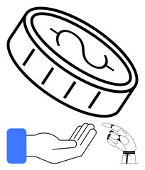 Outstretched human hand with blue sleeve reaching for dollar coin as robotic hand points to action. Ideal for finance, innovation, investment, teamwork, technology, opportunity, business. Flat simple