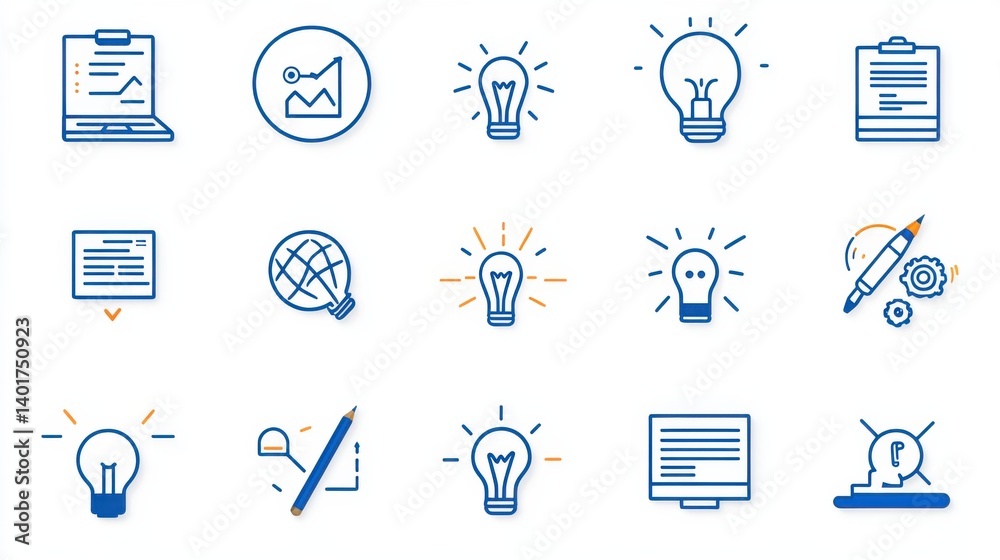 Poster this image depicts a set of 15 line icons that visually represent a diverse range of business produc