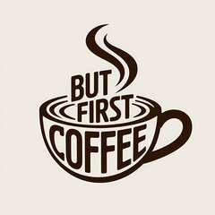 stylized illustration of a coffee cup with curved steam lines, containing the motivational text "BUT FIRST COFFEE" integrated into the cup's design