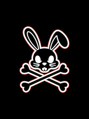 stylized illustration of a rabbit's head with prominent ears and teeth above two crossed bones, outlined in white and red against a black background for a bold and modern graphic design.