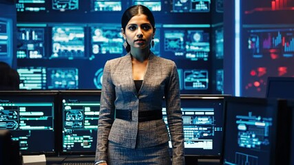 Professional woman in a data center surrounded by screens displaying complex information and data visualizations