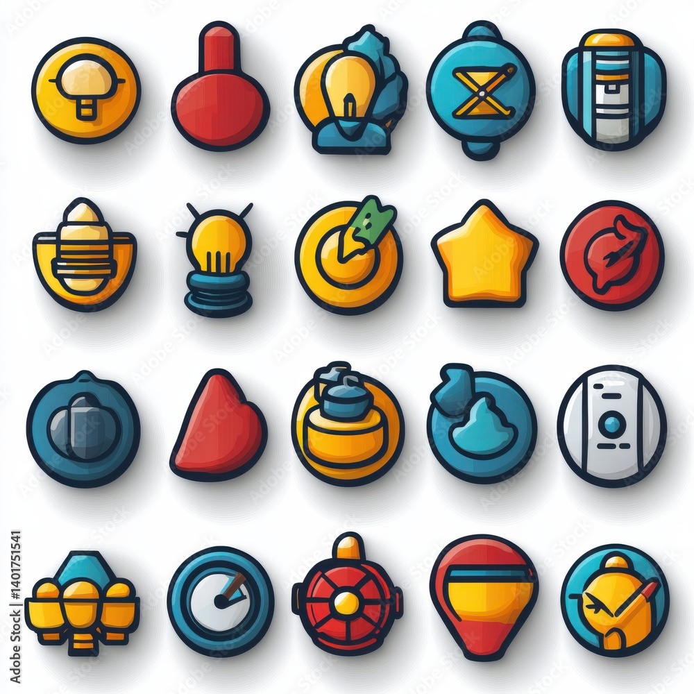 Poster a visually engaging set of 30 colorful and minimalist icons representing various concepts related to