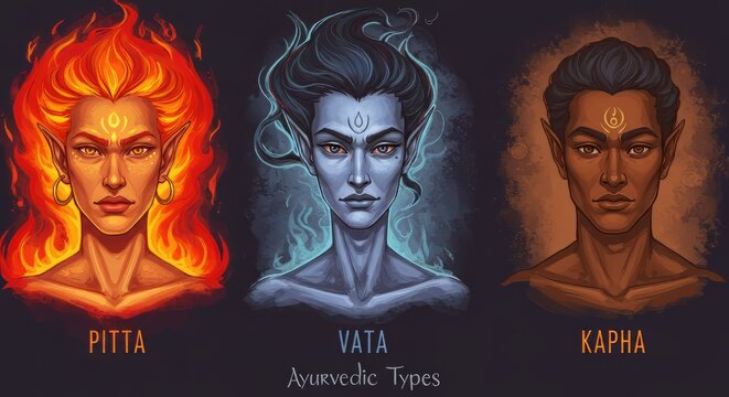 Ayurvedic Doshas Illustration Featuring Pitta, Vata, and Kapha Represented by Humanoid Figures, Emphasizing the Ancient Indian System of Wellness