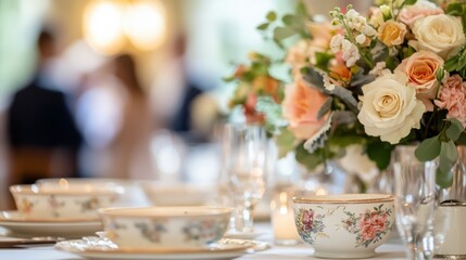 Elegant wedding reception table setting with floral china detail
