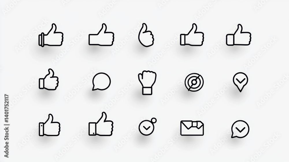 Poster a collection of 15 crisp minimalist outline icons representing different digital feedback rating and