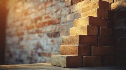 Obraz premium Golden Bricks Stacked Against a Brick Wall Building, Growth, and Success Concept