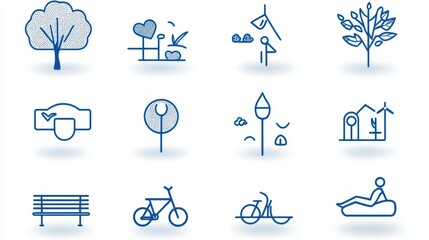 A stylized collection of minimalist outline icons representing various elements found in an urban park including trees plants signage benches and transportation options  category Graphic Resources