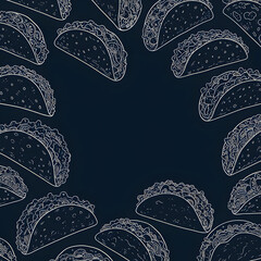 Hand-drawn digital illustration of vibrant tacos filled with lettuce, tomatoes, and meat, arranged in a seamless pattern on a dark background. Tacos for menu design