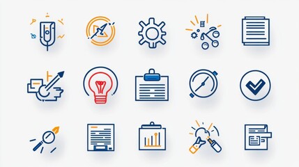 A collection of 15 outline icons showcasing various business and technology concepts including strategy analysis productivity and more