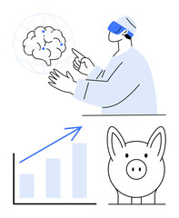Person uses VR headset to interact with digital brain model below are charts of upward growth and a piggy bank. Ideal for technology, finance, AI, innovation, future, learning, visualization. Flat