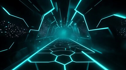 Futuristic neon corridor with hexagonal patterns and glowing blue lines, creating a mesmerizing and dynamic visual effect, suitable for sci-fi themes