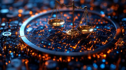 Balance Scale on Illuminated Circuit Board - Digital Justice Concept