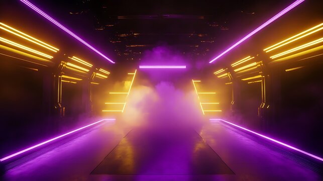 Futuristic runway with glowing neon lights and fog in purple and yellow hues, creating a vibrant and energetic atmosphere - Powered by Adobe