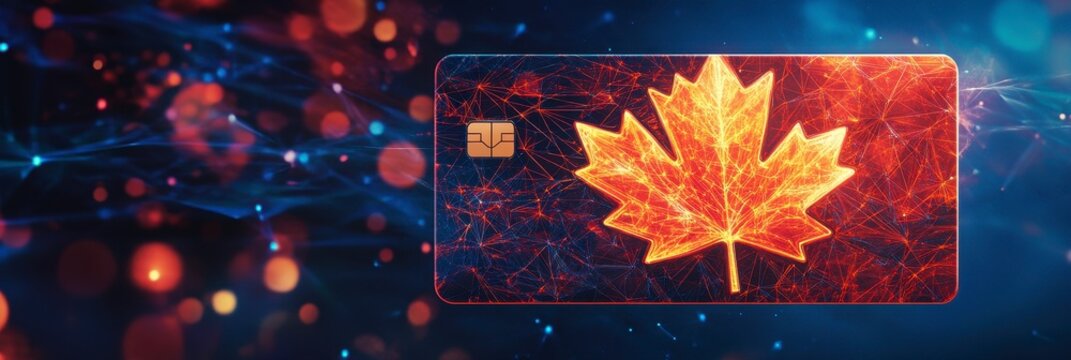 Fiery Canadian Maple Leaf on Digital Debit or Credit Card - Financial Technology Concept