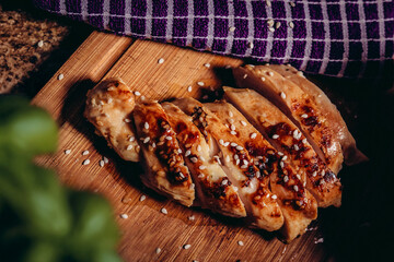 Sliced grilled chicken breast – juicy organic meat for high-protein meals and Dukan diet nutrition