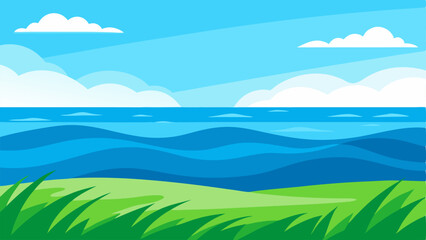 Meadow Ocean A serene scene depicting a vast expanse of ocean where the waves are lush green grass. The tips of the grass catch the sunlight creating a shimmering effect as they