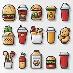 Colorful collection of 15 outlined icons depicting various food and drink items including burgers coffee soda salad fries and cooking utensils