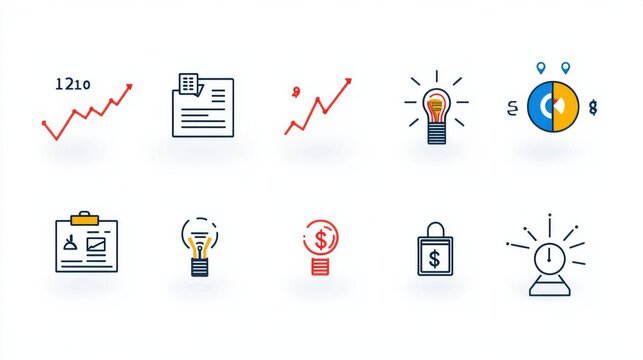 This image showcases a diverse collection of 15 outline icons that visually represent various finance business and technology related concepts and ideas