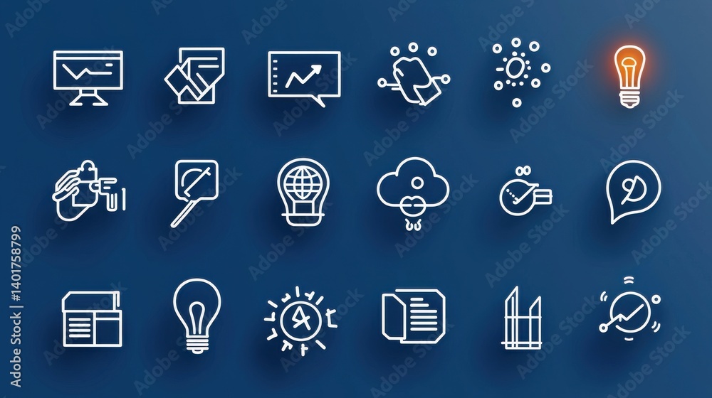 Poster this image presents a collection of 15 minimalist thin outline icons that represent various aspects 
