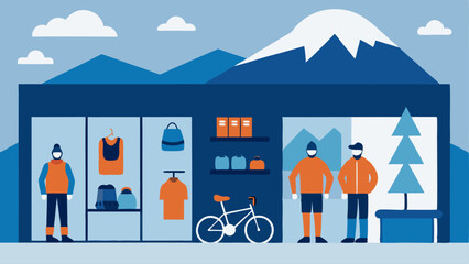 Outdoor Gear Display A dedicated section for outdoor sports with camping gear hiking backpacks and mountain bikes showing shoppers actively browsing.