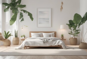 bedroom frame cozy style mock tropical interior coastal render 3d white decoration modern home living design template bed bedchamber hotel background canvas room nautical sea plant marin blank